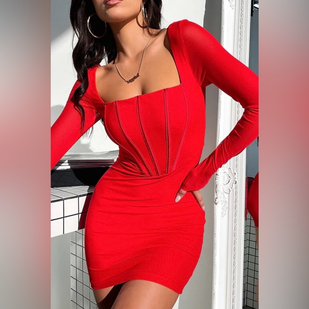 ❤️ THATSSOFETCH Red Corset Bodycon Mesh Long Sleeve Dress Archie